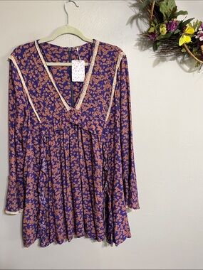 🌺Free People Purple Long Sleeve Floral Peasant Dress with Peach Print